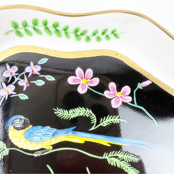 Lynn Chase 80's Safari Jaguar Jungle Exotic Bird Leaf Trinket Dish Black Gold - Picture 4 of 11